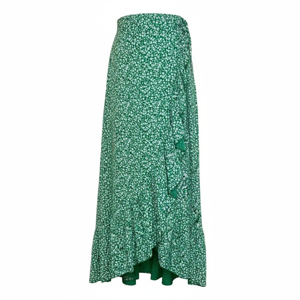 Green Floral Wrap Midi Skirt Ruffle Hem Boho High Waist Size M